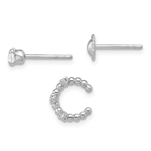 Three pieces of silver jewelry displayed on a white background: two stud earrings with round faceted stones and posts, and one open beaded ring with a terminal ball.