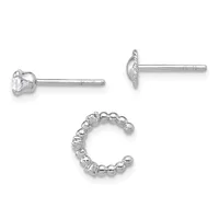 Three pieces of silver jewelry displayed on a white background: two stud earrings with round faceted stones and posts, and one open beaded ring with a terminal ball.