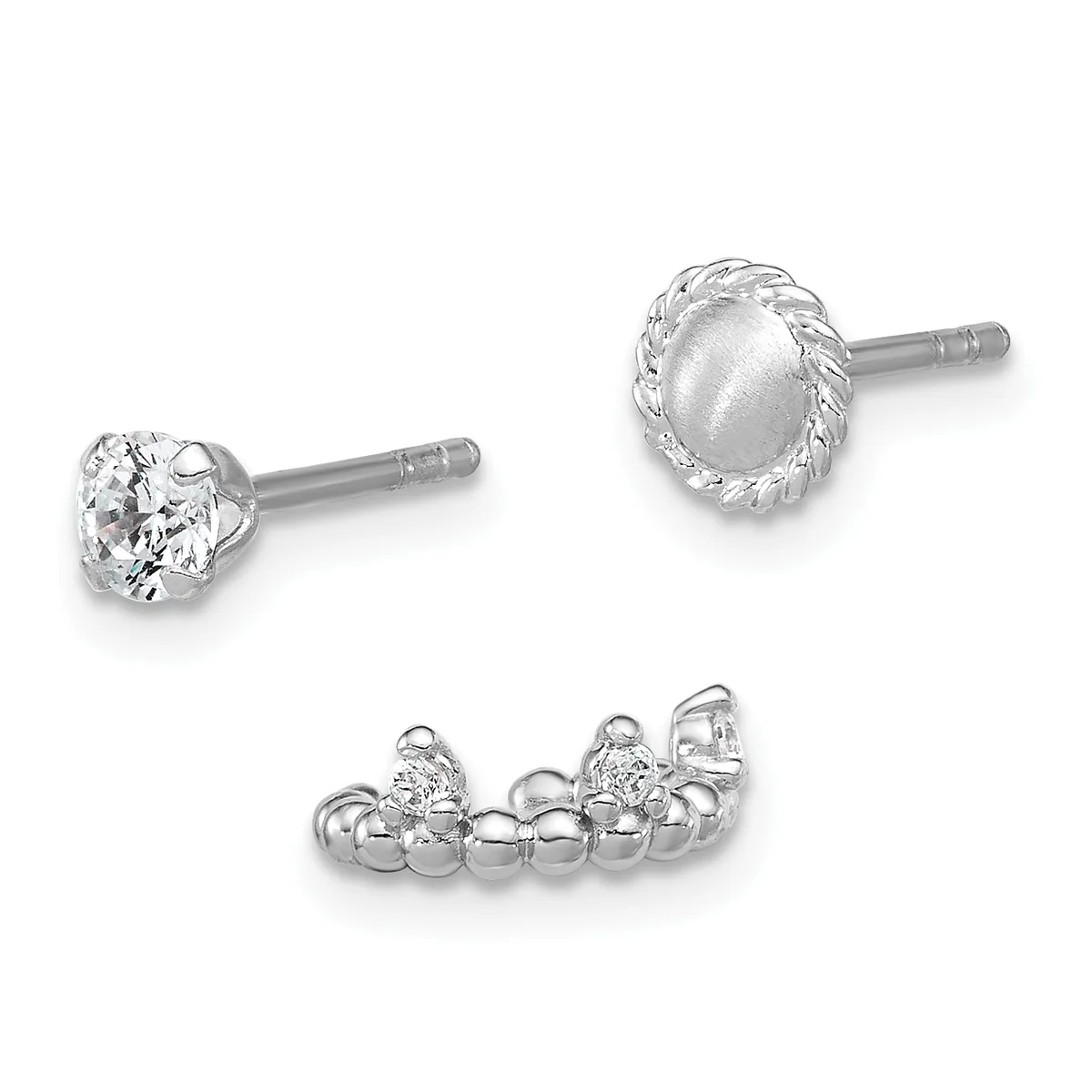 Three sterling silver earrings displayed on a white background: two stud earrings with posts and backs, one featuring a faceted cubic zirconia stone and one with a smooth domed pearl, and one curved ear climber with small beaded spheres and a cubic zirconia stone.