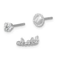 Three sterling silver earrings displayed on a white background: two stud earrings with posts and backs, one featuring a faceted cubic zirconia stone and one with a smooth domed pearl, and one curved ear climber with small beaded spheres and a cubic zirconia stone.