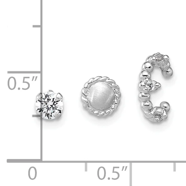 Three silver earrings displayed on a measurement scale: a round stud with a faceted clear stone, a round stud with a frosted dome, and a curved hoop with alternating clear and frosted spheres.