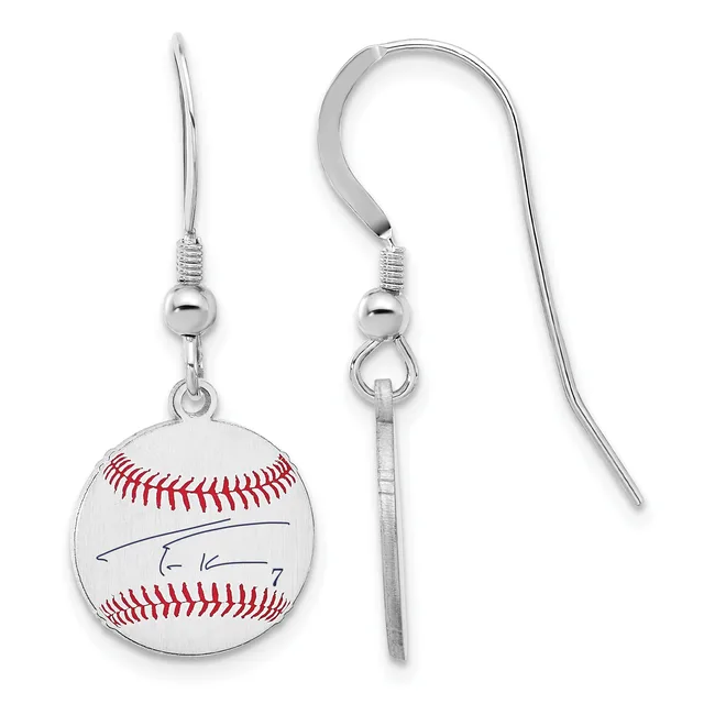 A pair of silver-toned dangle earrings featuring baseball-shaped pendants with red stitching and a signature, suspended from curved ear wires with small beads.