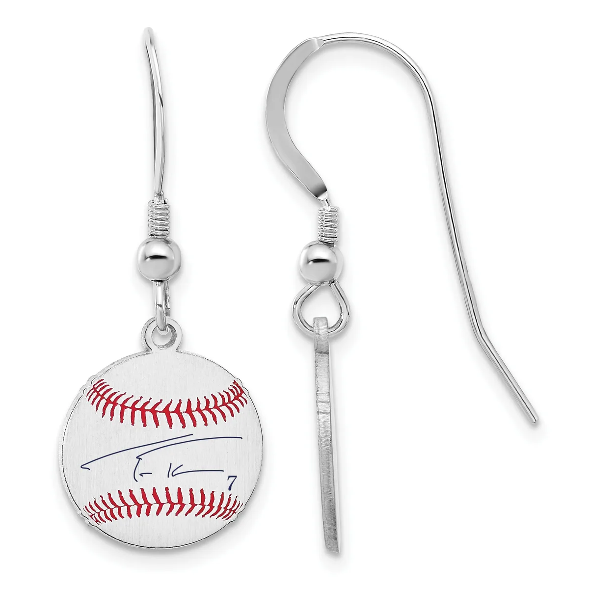 A pair of silver-toned dangle earrings featuring baseball-shaped pendants with red stitching and a signature, suspended from curved ear wires with small beads.