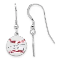 A pair of silver-toned dangle earrings featuring baseball-shaped pendants with red stitching and a signature, suspended from curved ear wires with small beads.