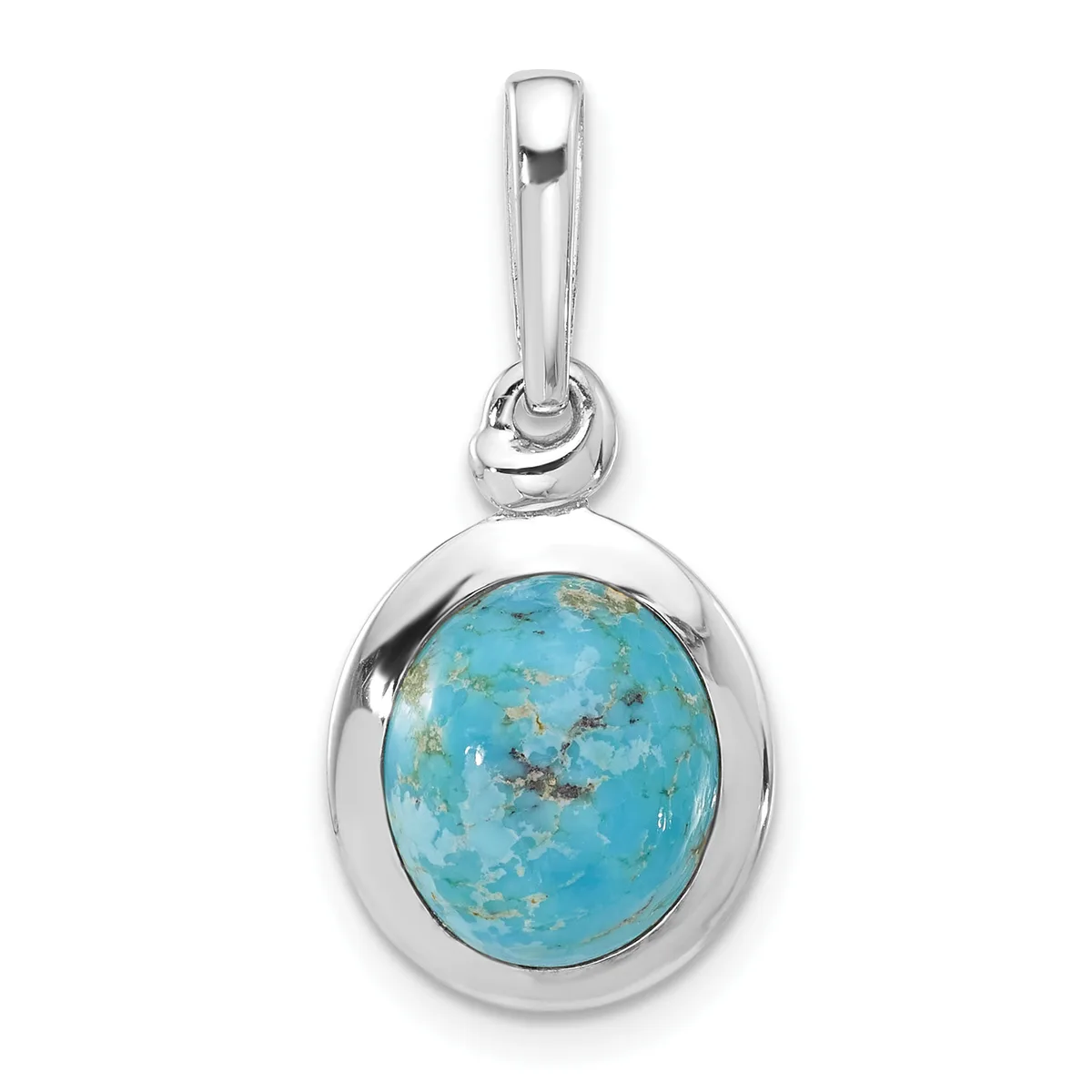 Silver pendant with oval bail featuring a round turquoise cabochon stone with brown matrix inclusions set in a polished bezel.