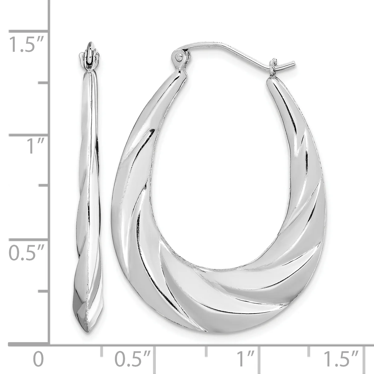 A pair of silver twisted hoop earrings with a measurement scale showing they are approximately 1.5 inches long.