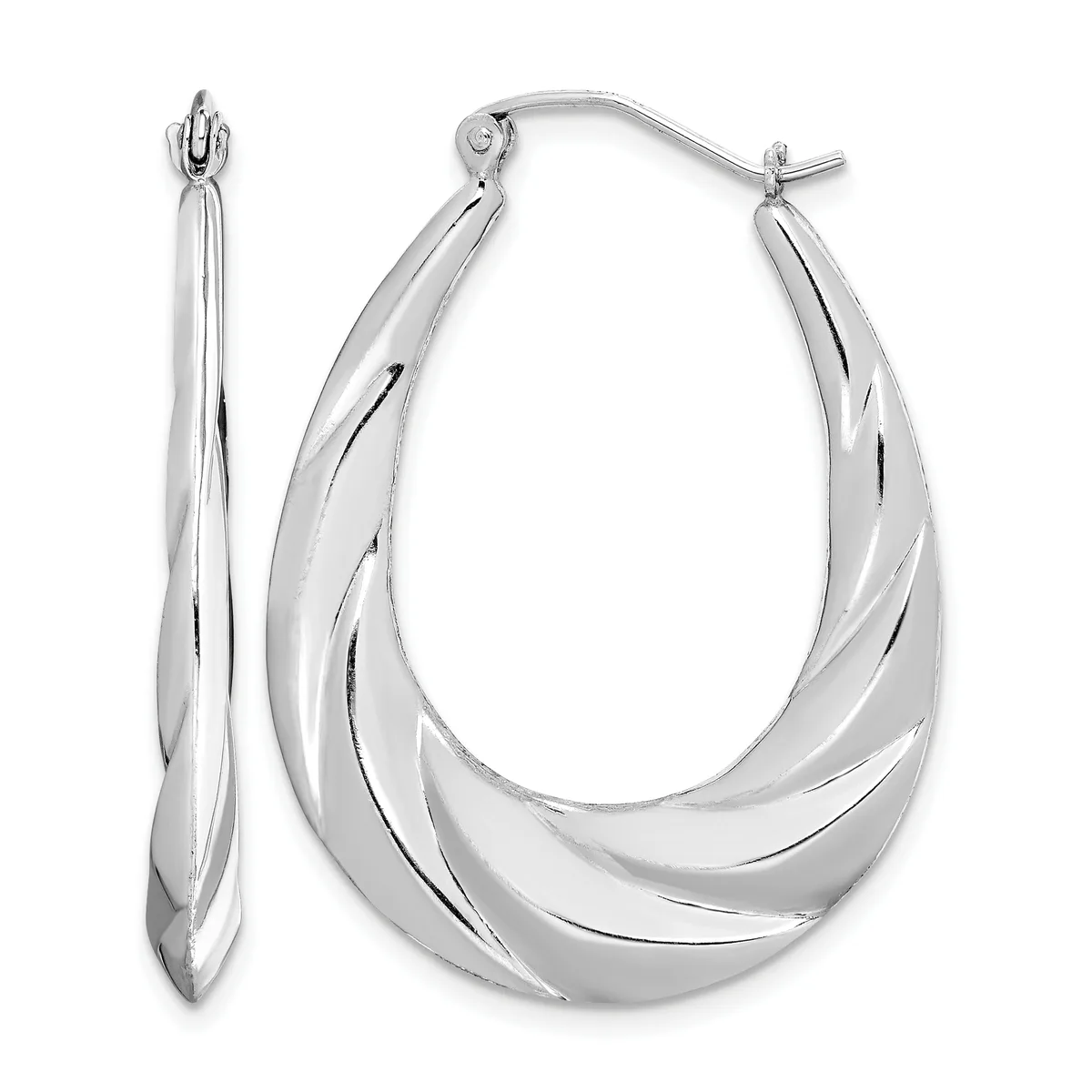 Pair of silver twisted hoop earrings with hinged posts, shown from front and side views against a white background.