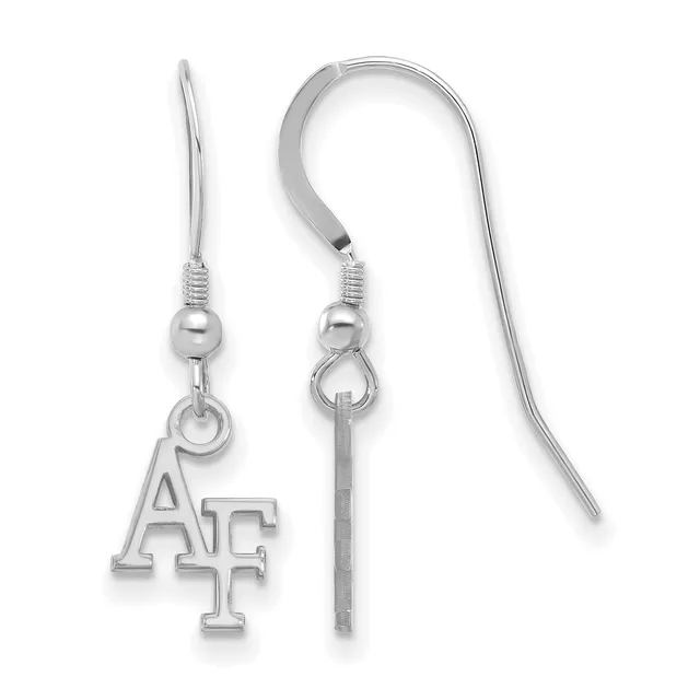 A pair of silver-colored fish hook earrings with small beads, one displaying an "AF" charm pendant.