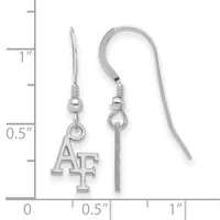 A pair of silver-toned earrings with wire hooks featuring small "AF" letter charms, displayed against a measurement scale.
