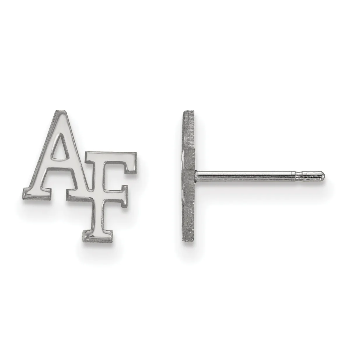 Pair of silver stud earrings with "AF" letters shown from front and back views on posts.