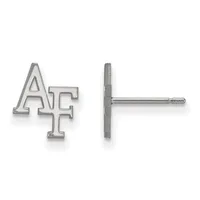 Pair of silver stud earrings with "AF" letters shown from front and back views on posts.