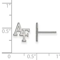 Silver stud earrings with "AF" letters displayed next to a ruler showing dimensions of approximately 0.5 inches tall and 0.5 inches wide.