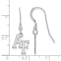 Silver-toned AF Air Force earrings with hook wires displayed next to a measurement ruler showing approximately one inch in length.