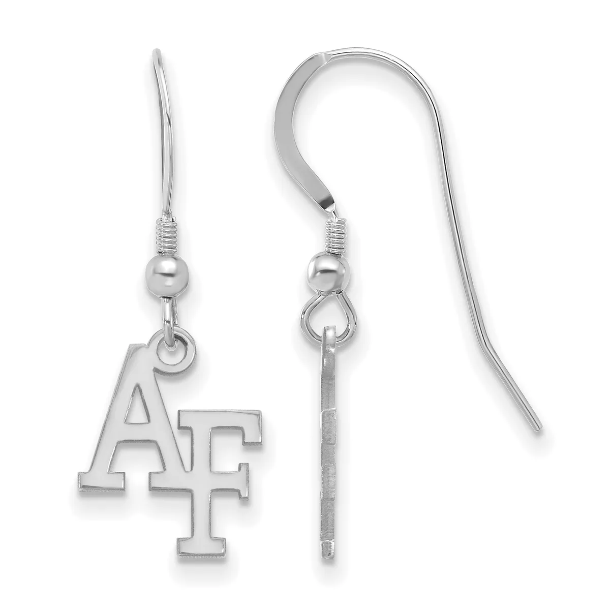 Pair of silver-toned earrings with fish hook wires, each suspending a small bead above a dangling charm stamped with the letters "AF".