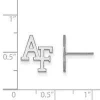 Silver stud earrings with interlocking letters and a cross design, shown front and back view with a measurement scale indicating approximately 0.5 inches in height.