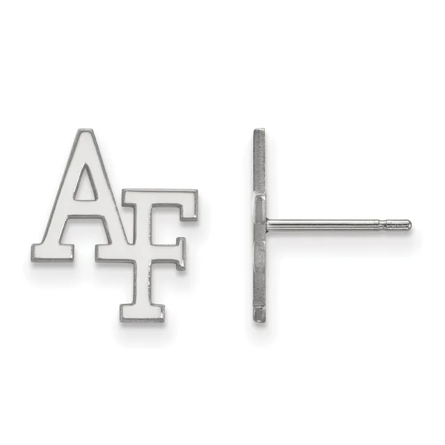 A pair of silver stud earrings shaped like the letters "AF" shown from front and back views.