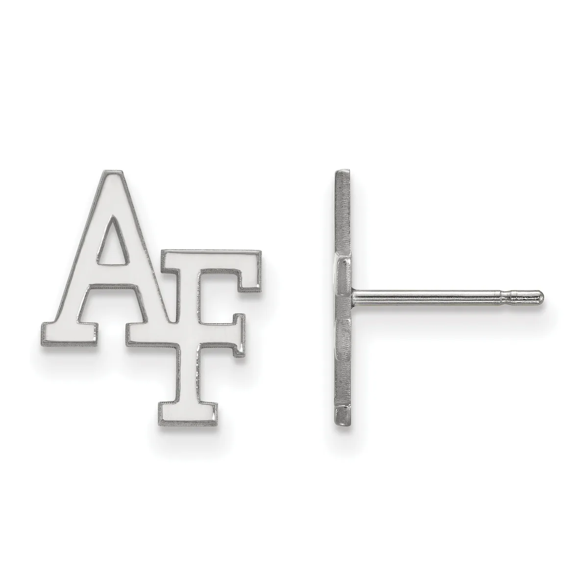 A pair of silver stud earrings shaped like the letters "AF" shown from front and back views.