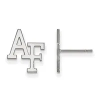 A pair of silver stud earrings shaped like the letters "AF" shown from front and back views.