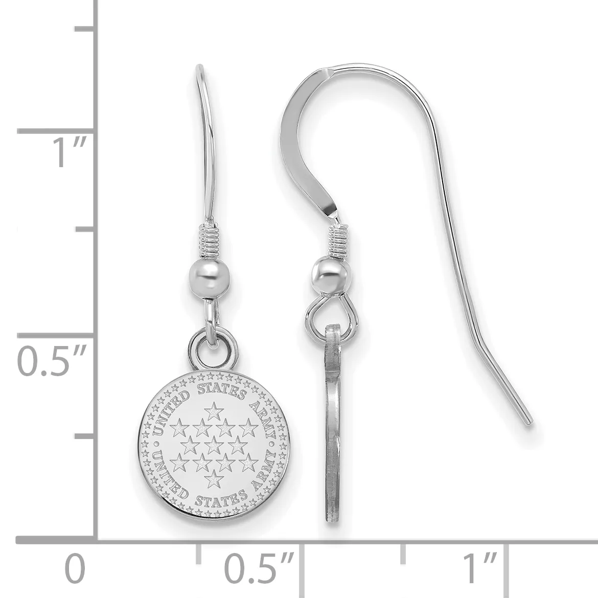 Silver-colored dangle earrings with circular coin-shaped pendants featuring stars and decorative border, displayed next to a measurement scale.
