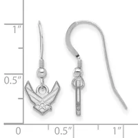A pair of silver-toned dangle earrings with fish hook wires, featuring small spheres and winged insignia charms, displayed against a measurement scale.