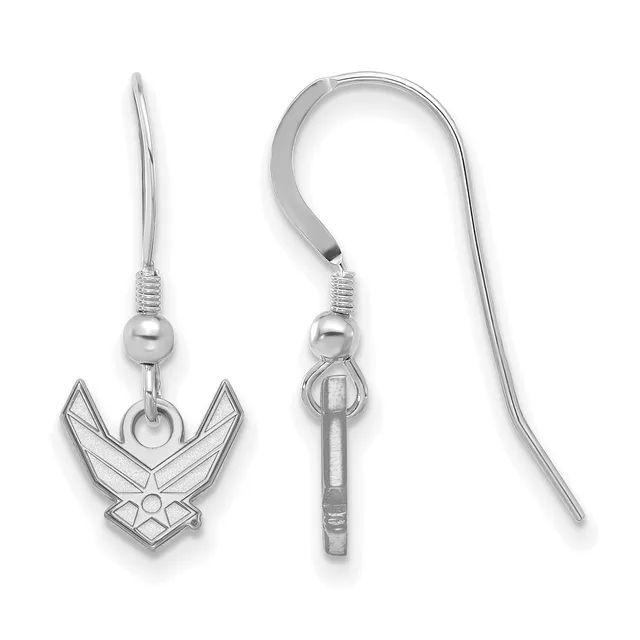 A pair of silver earrings with French ear wires, each featuring a small bead and a pendant shaped like an angular bird or wings symbol.