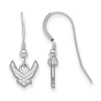A pair of silver earrings with French ear wires, each featuring a small bead and a pendant shaped like an angular bird or wings symbol.