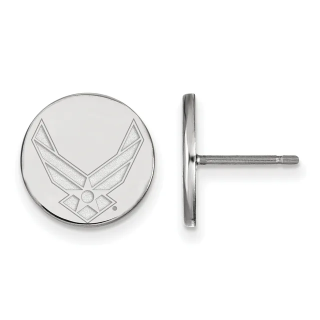 Pair of circular silver stud earrings featuring an engraved winged insignia design, shown from front and side views.