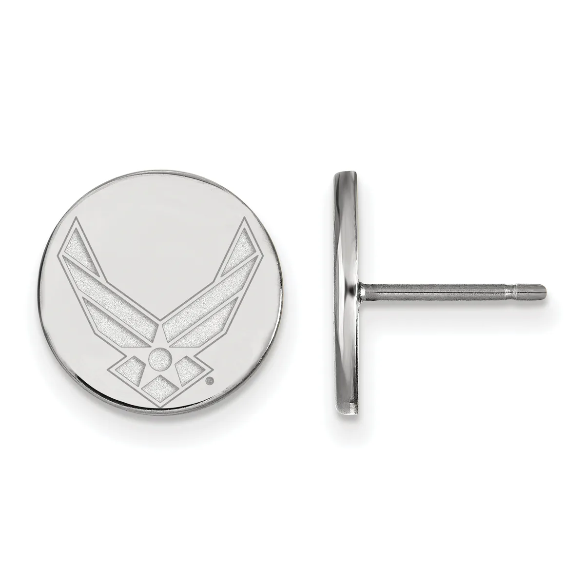 Pair of circular silver stud earrings featuring an engraved winged insignia design, shown from front and side views.