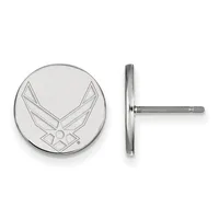 Pair of circular silver stud earrings featuring an engraved winged insignia design, shown from front and side views.