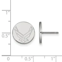 Silver circular stud earrings with winged insignia design, shown front and side view with measurement scale indicating approximately 0.5 inch diameter.