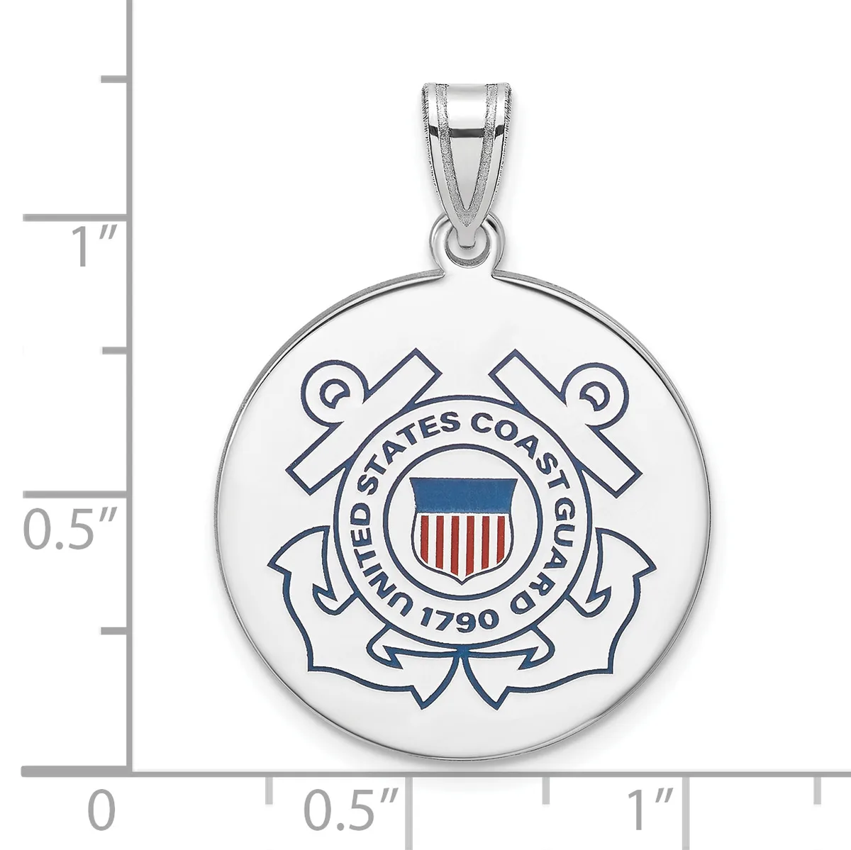 Silver pendant featuring a circular disc with the United States Coast Guard emblem, including anchors, a shield with vertical stripes, and text around the border, shown next to a ruler for scale.
