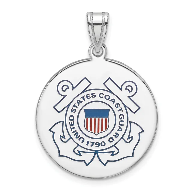 Silver circular pendant featuring the United States Coast Guard seal with crossed anchors, shield, and text around the border, suspended from a silver bail.