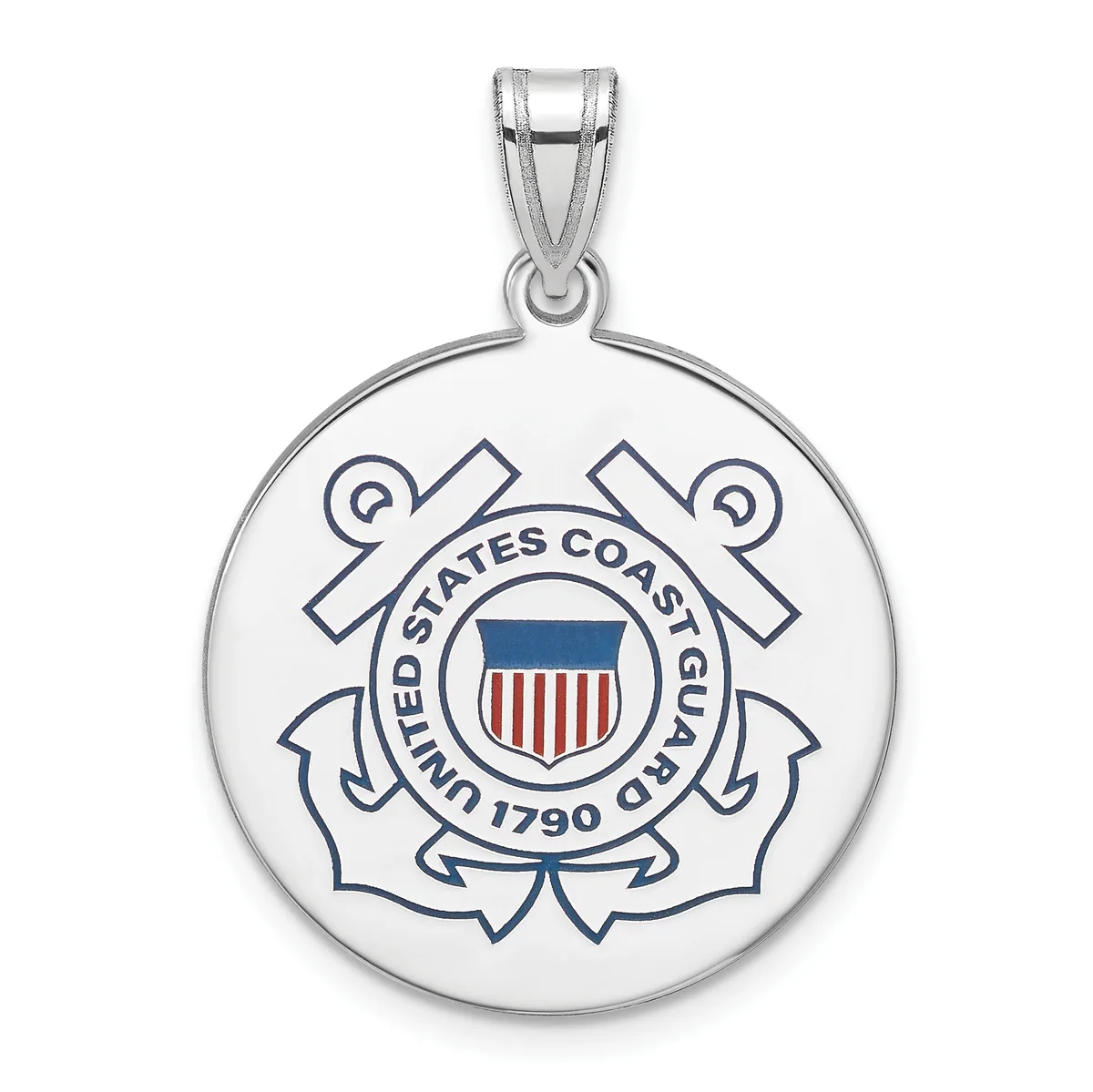 Silver circular pendant featuring the United States Coast Guard seal with crossed anchors, shield, and text around the border, suspended from a silver bail.