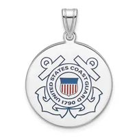 Silver circular pendant featuring the United States Coast Guard seal with crossed anchors, shield, and text around the border, suspended from a silver bail.