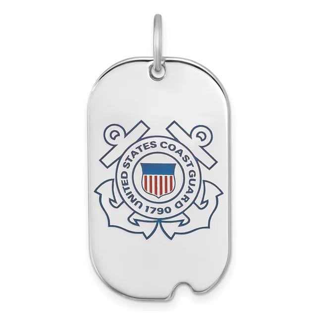 Silver dog tag pendant with the United States Coast Guard seal and anchor symbols engraved on the front.