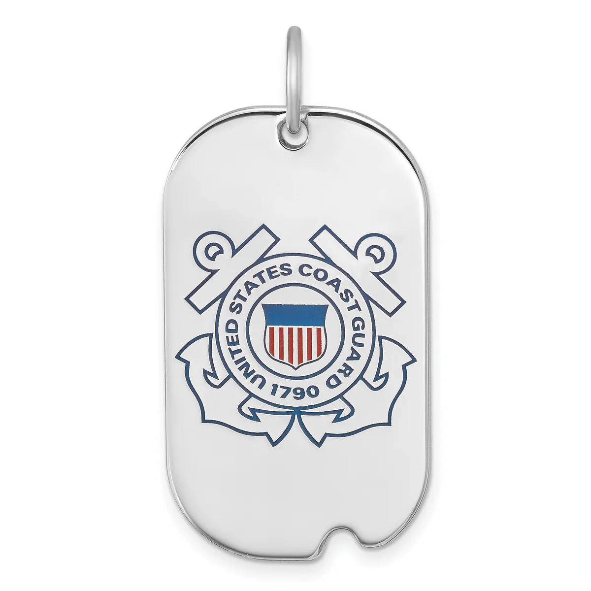 Silver dog tag pendant with the United States Coast Guard seal and anchor symbols engraved on the front.