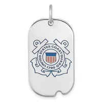 Silver dog tag pendant with the United States Coast Guard seal and anchor symbols engraved on the front.