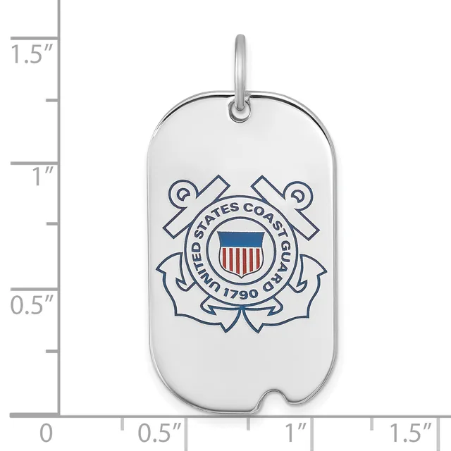 Silver dog tag pendant with United States Coast Guard emblem and anchors, shown next to a ruler indicating it is approximately 1.5 inches tall.