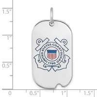 Silver dog tag pendant with United States Coast Guard emblem and anchors, shown next to a ruler indicating it is approximately 1.5 inches tall.