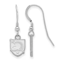 Pair of silver-toned dangle earrings with fish-hook wires, featuring small shield-shaped pendants with geometric designs and a star.