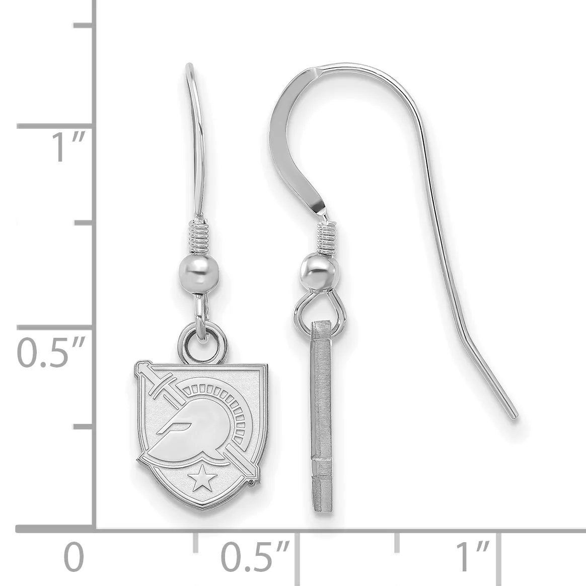 A pair of silver-colored fish hook earrings with a shield-shaped pendant featuring an engraved fish and star design on the left, and a rectangular bar pendant on the right, shown next to a measurement ruler.