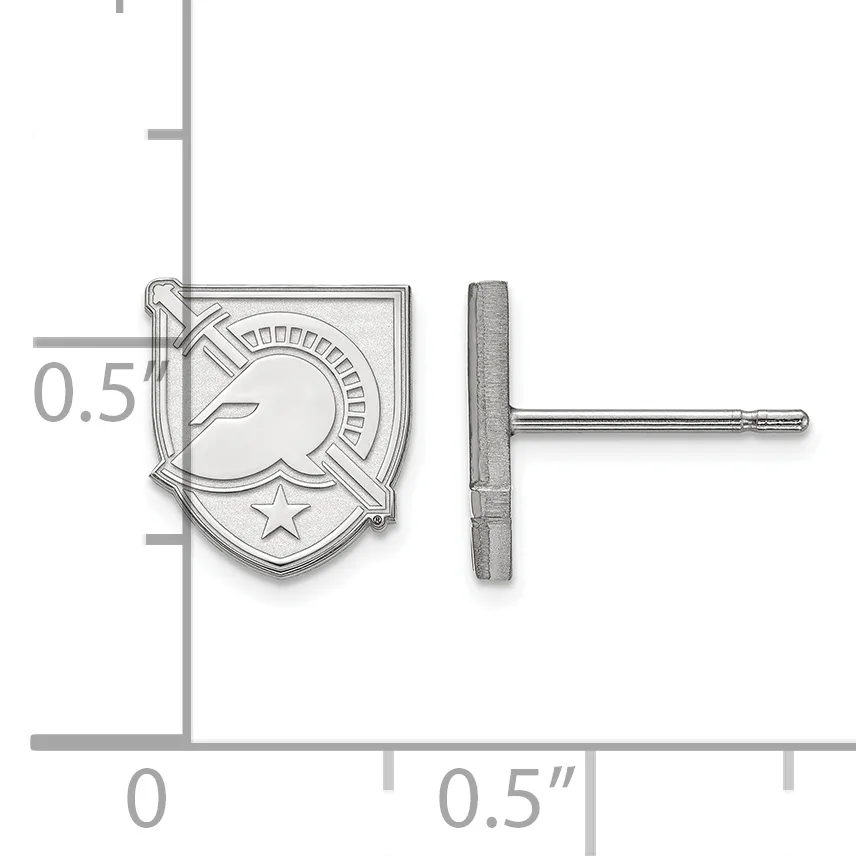 Silver-toned shield-shaped stud earring with compass and star design, shown front and side view with measurement scale indicating approximately 0.5 inches in height.