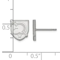 Silver-toned shield-shaped stud earring with compass and star design, shown front and side view with measurement scale indicating approximately 0.5 inches in height.