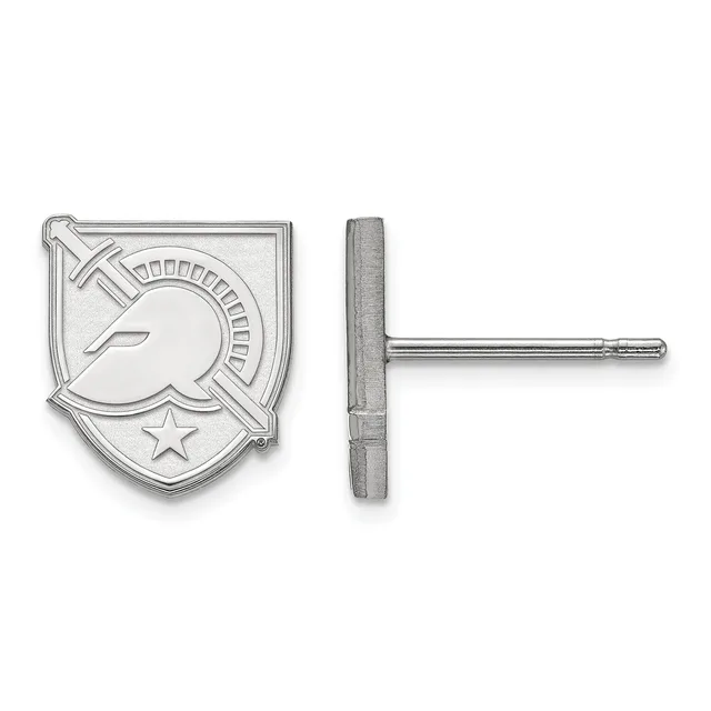 Sterling silver shield-shaped earring studs featuring a leaping rabbit design with a star, shown from front and side views.