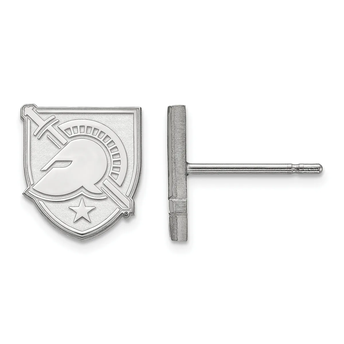 Sterling silver shield-shaped earring studs featuring a leaping rabbit design with a star, shown from front and side views.