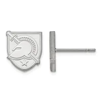 Sterling silver shield-shaped earring studs featuring a leaping rabbit design with a star, shown from front and side views.