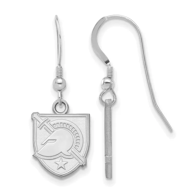 A pair of sterling silver earrings with shield-shaped pendants featuring an engraved helmet design and a star, suspended from fish hook wires with ball and coil details.