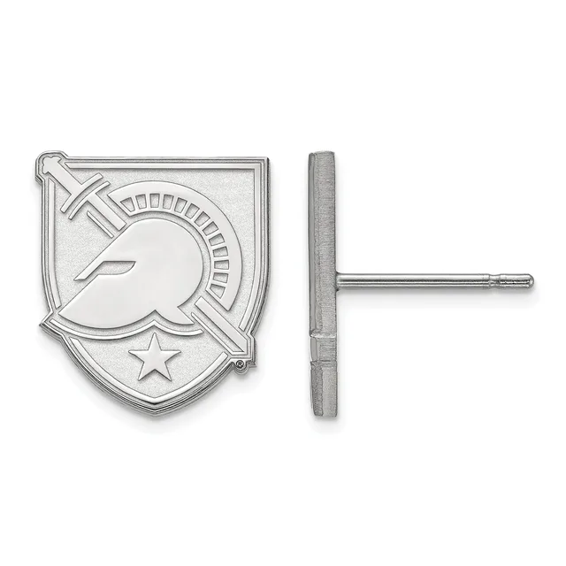 Silver-toned shield-shaped earring stud with engraved aircraft and star design, shown from front and side views.
