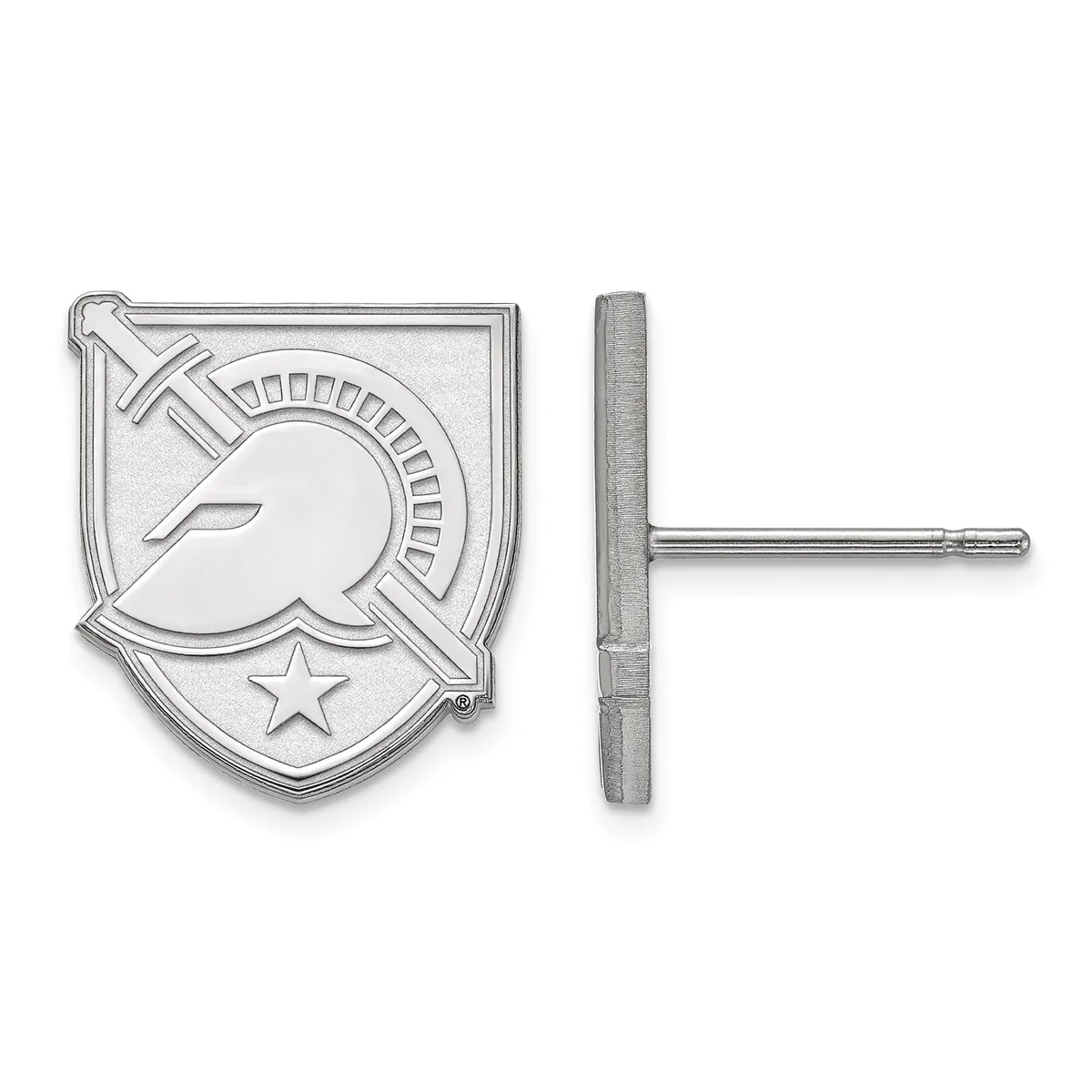 Silver-toned shield-shaped earring stud with engraved aircraft and star design, shown from front and side views.