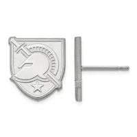 Silver-toned shield-shaped earring stud with engraved aircraft and star design, shown from front and side views.